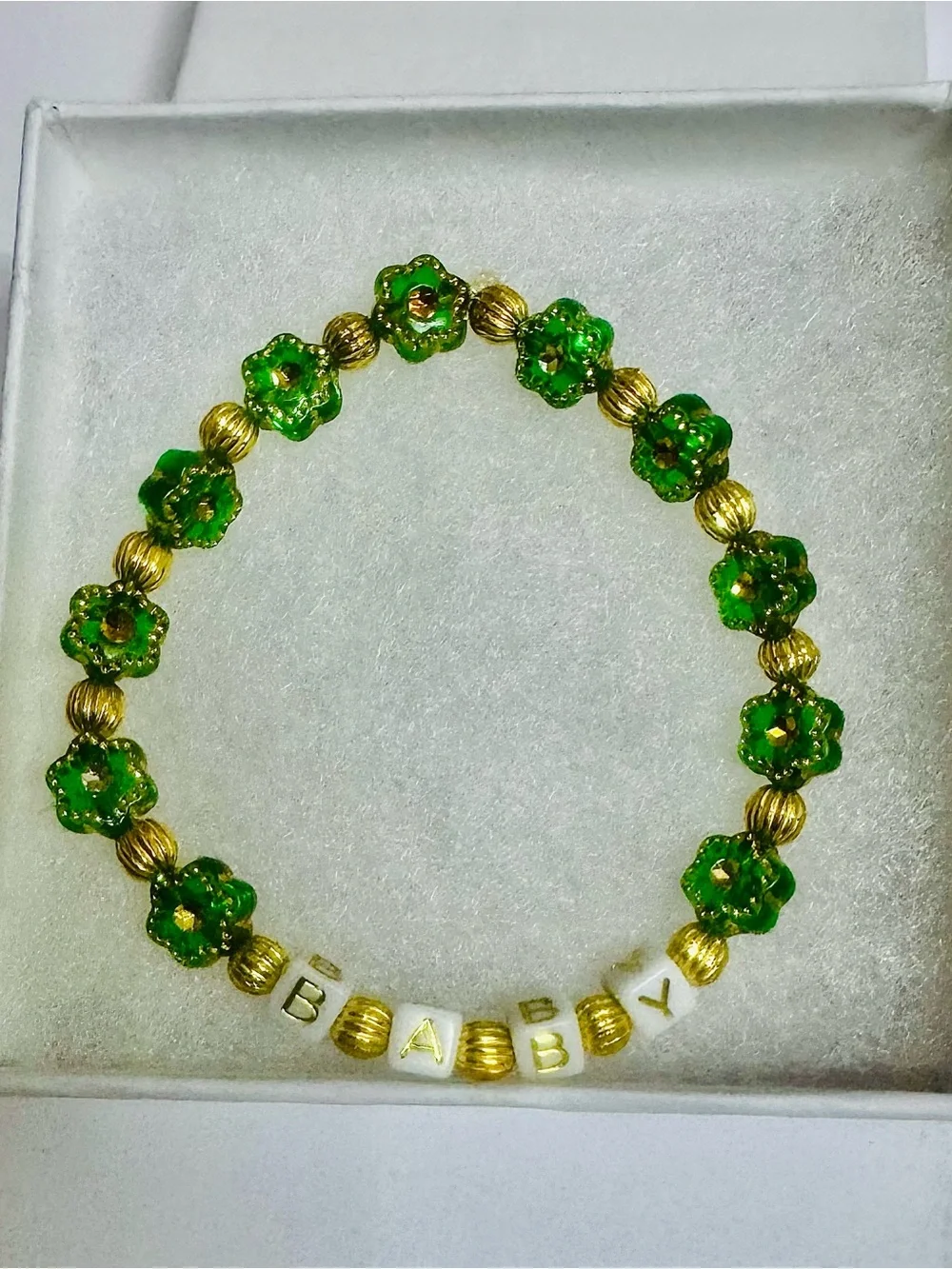 Personalized Green Flower Bead Stretch Bracelet with Gold Accents
